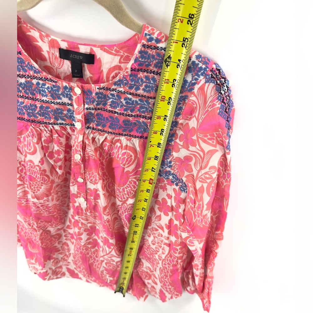 J Crew Floral Embroidered Blouse Top Womens Size 2 Tropical Peasant Boho Cotton - Picture 12 of 13